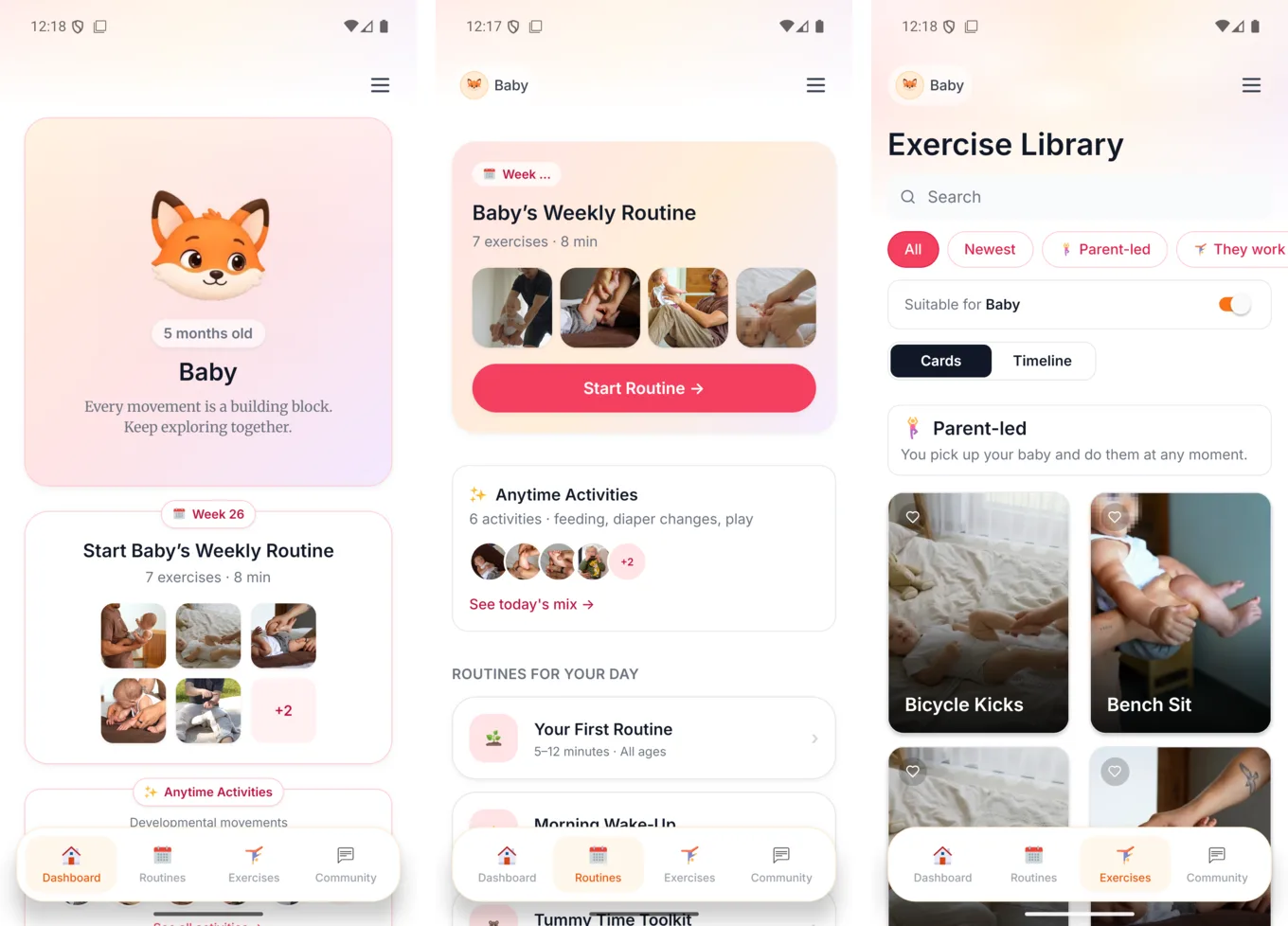 Three Android screens: the dashboard, the routines tab with the weekly routine, and the exercise library with filters