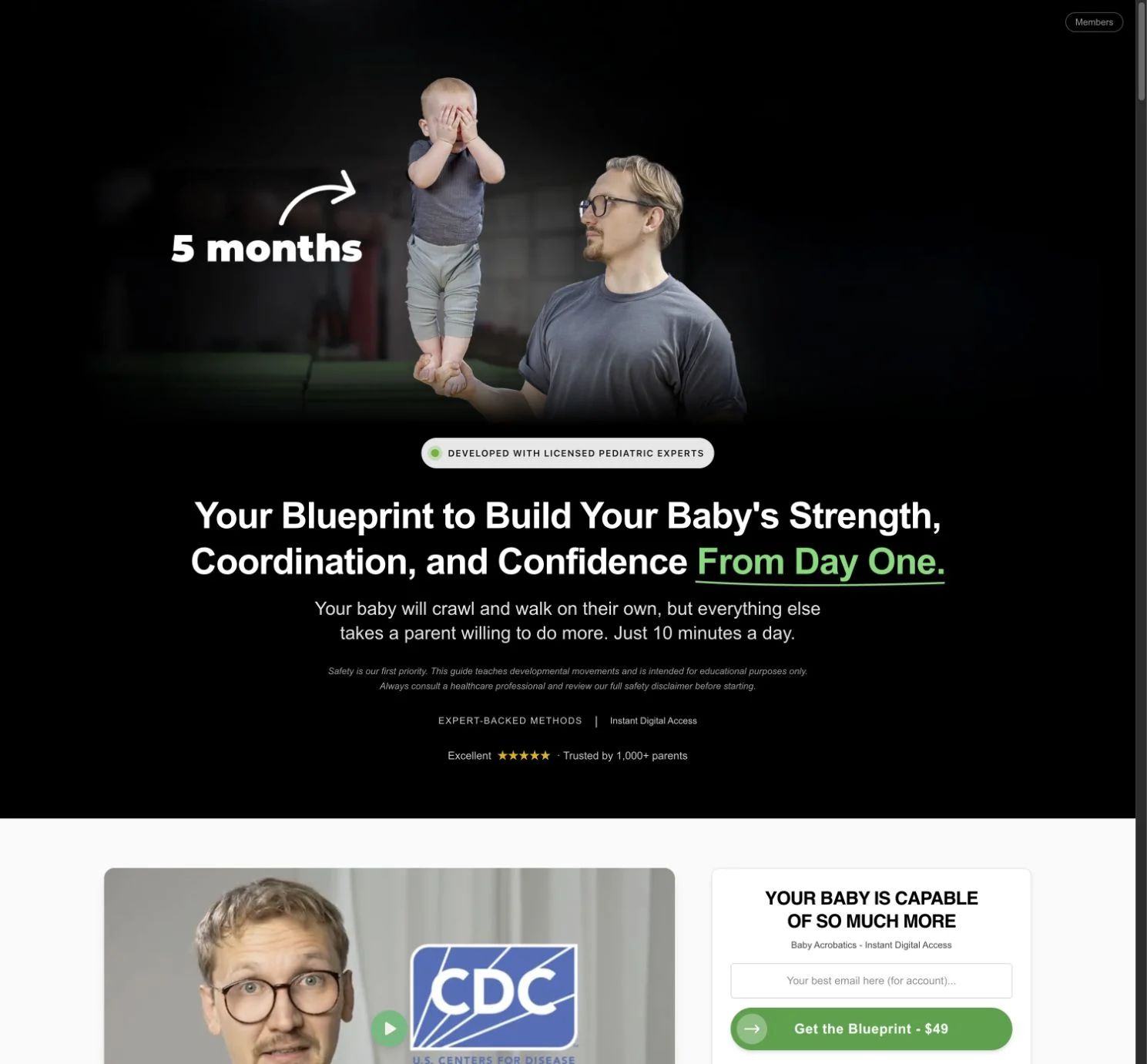 Baby Acrobatics landing page with Andri and his son and an introduction to the movement program