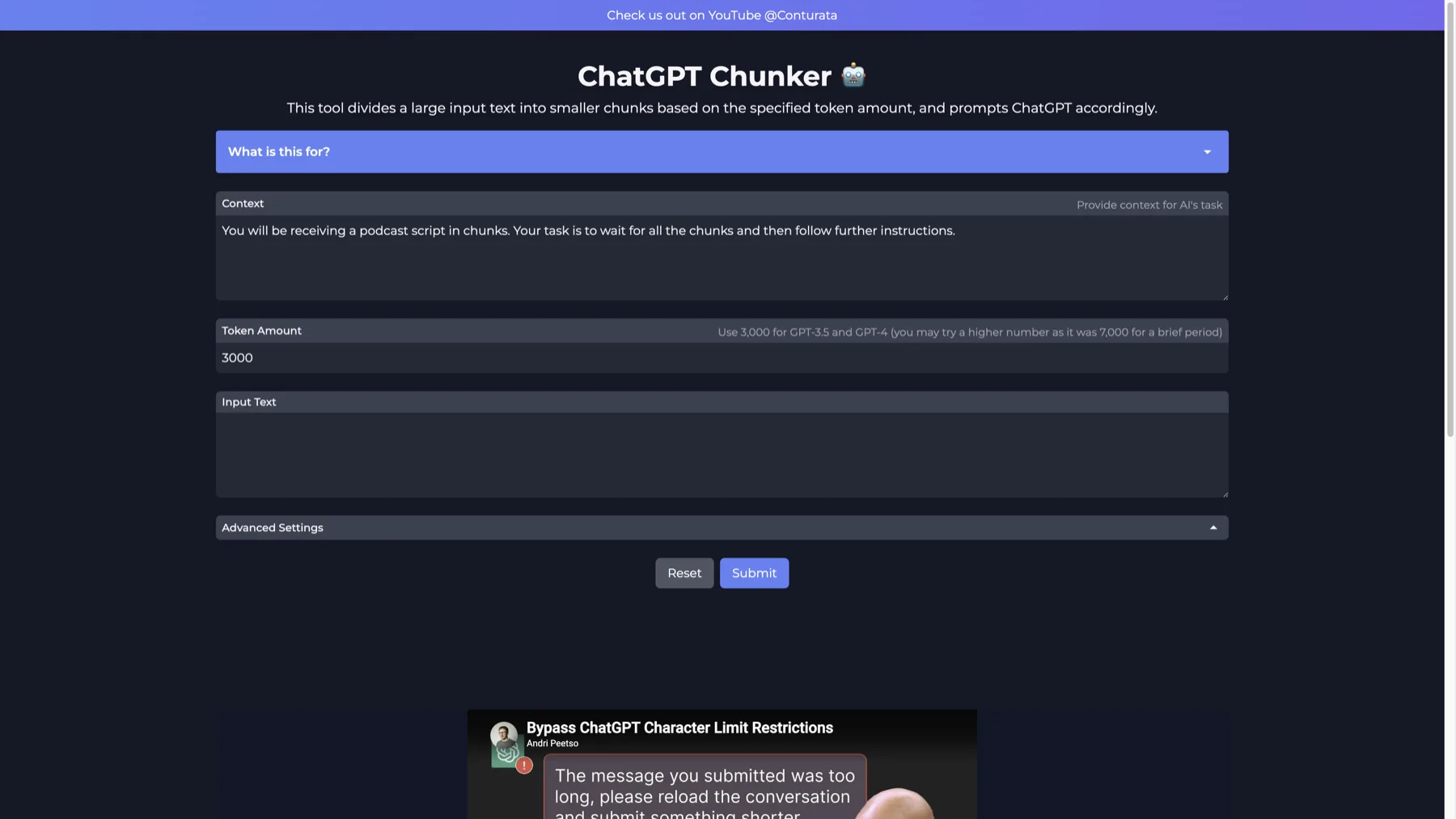 ChatGPT Chunker — context, token amount, input text, submit
