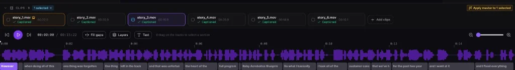 Six clips in a project — master marked with a crown, Apply master on the selected clip