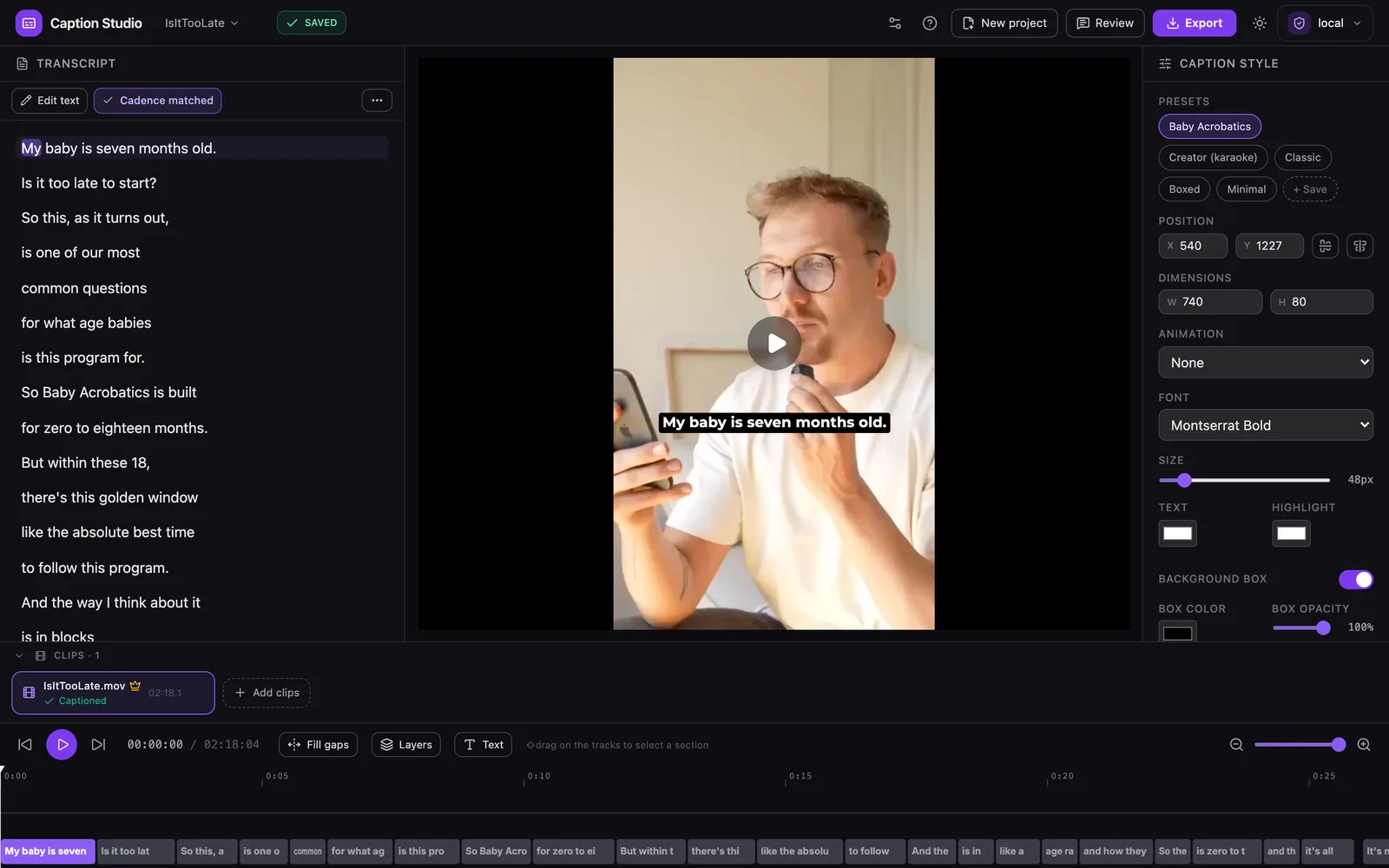 Caption Studio editor with the transcript on the left, the reel with a caption in the middle and caption style presets on the right
