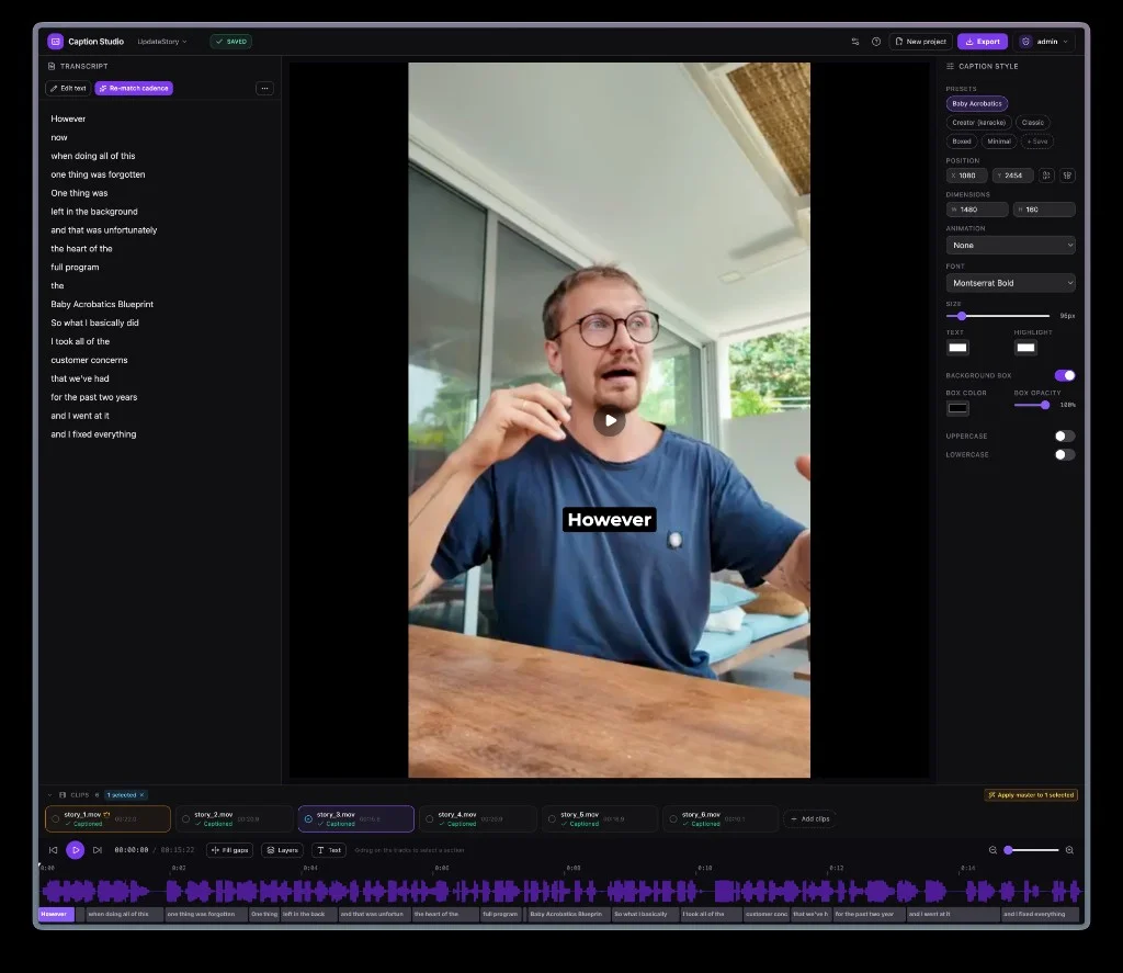 Caption Studio editor with transcript, video, style panel, and timeline