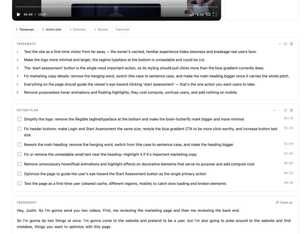 Takeaways, timestamped action plan, and transcript