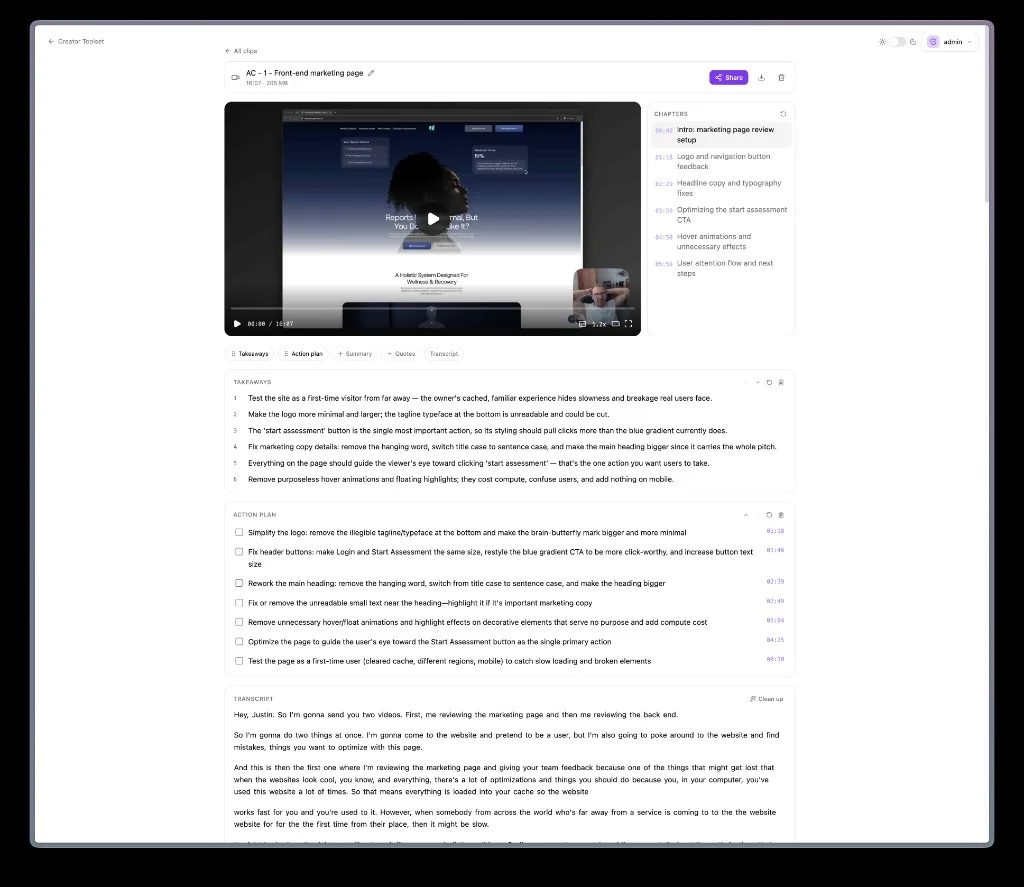 A clip with chapters, takeaways, action plan, and transcript