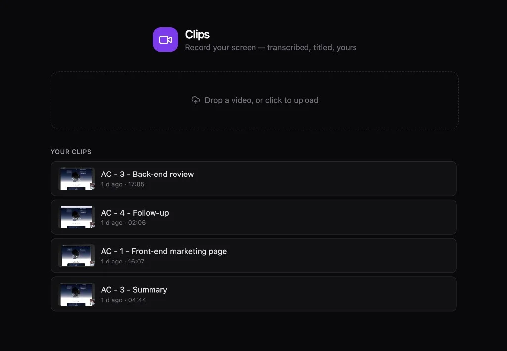 Clips library of screen recordings