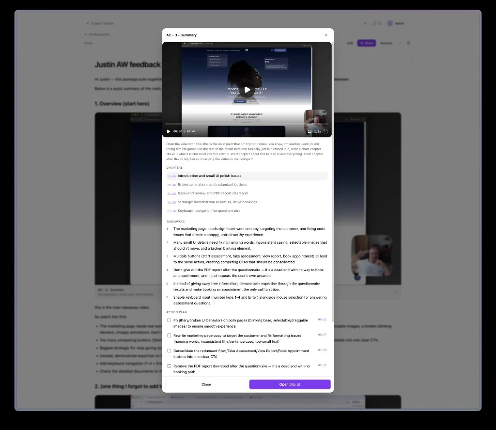 Clip summary with chapters, takeaways, and action plan opened from a document