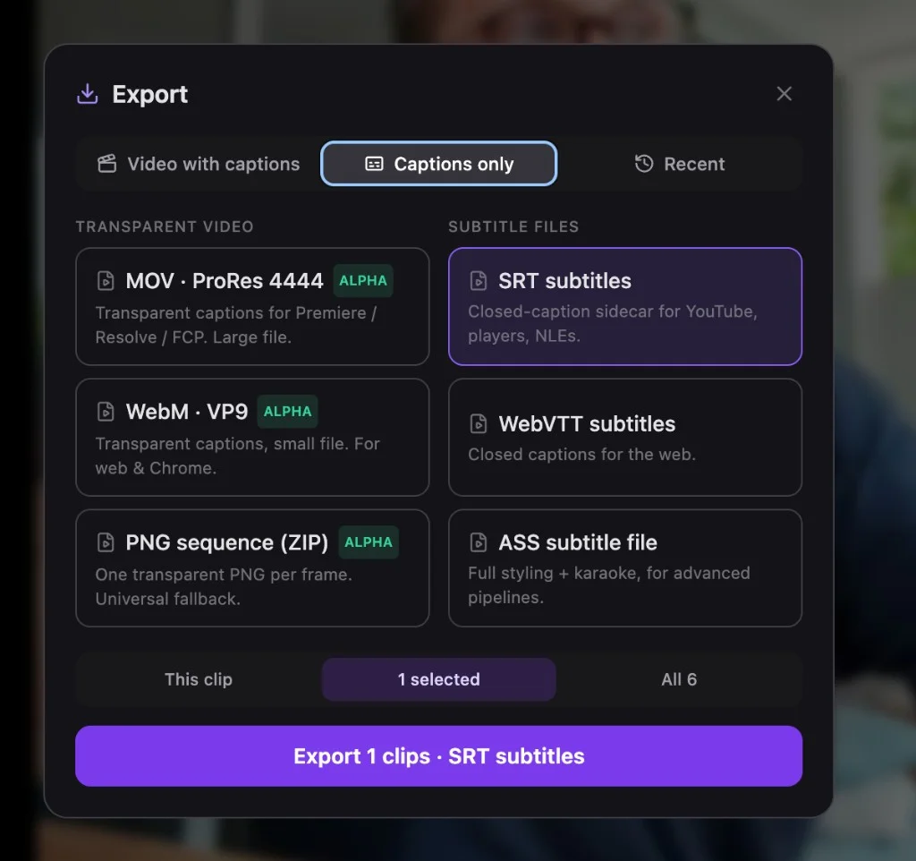 Captions-only export: ProRes 4444 alpha, WebM alpha, PNG sequence, SRT, WebVTT, ASS