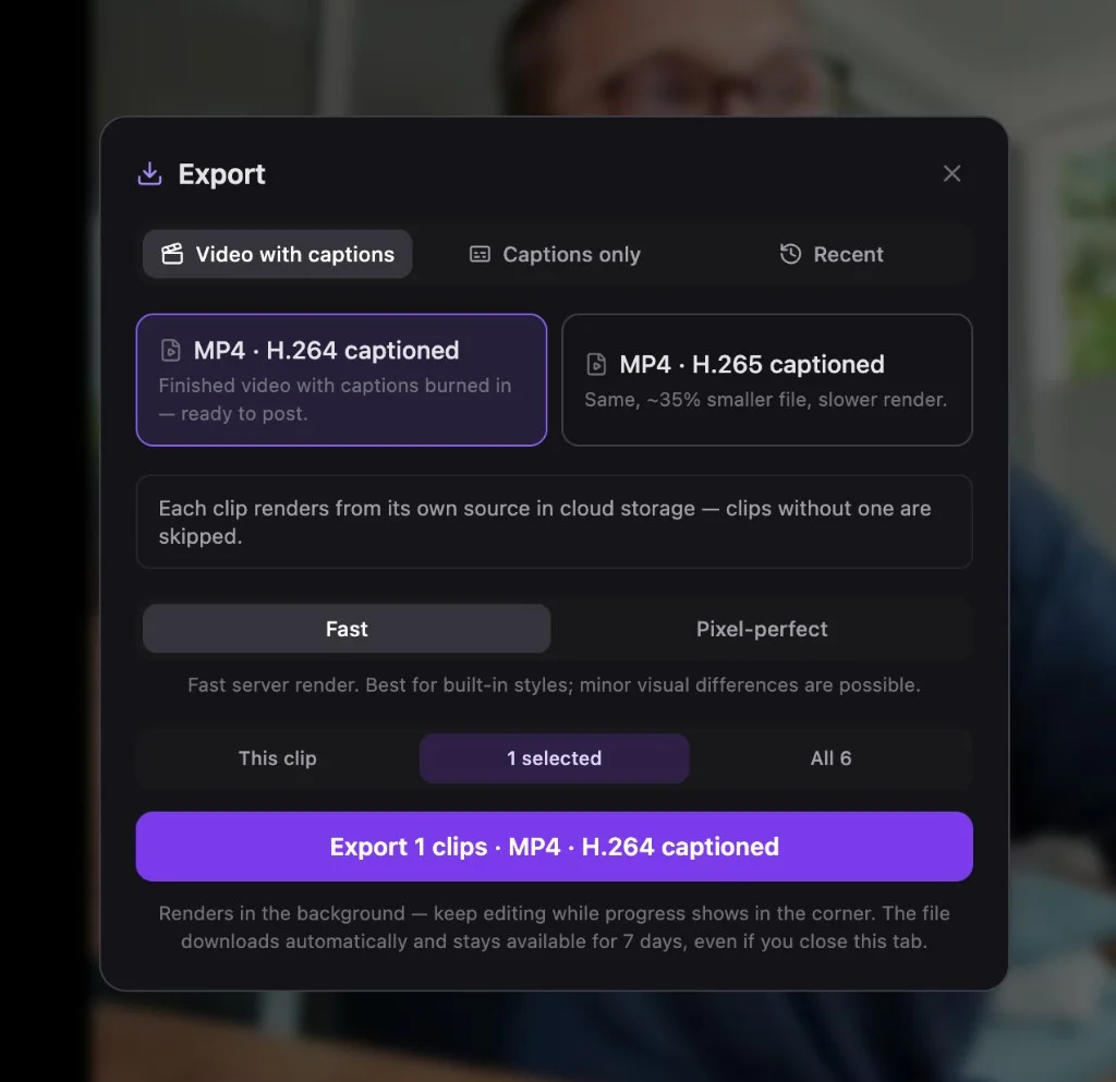 Export burned-in MP4 captions for this clip, a selection, or all clips