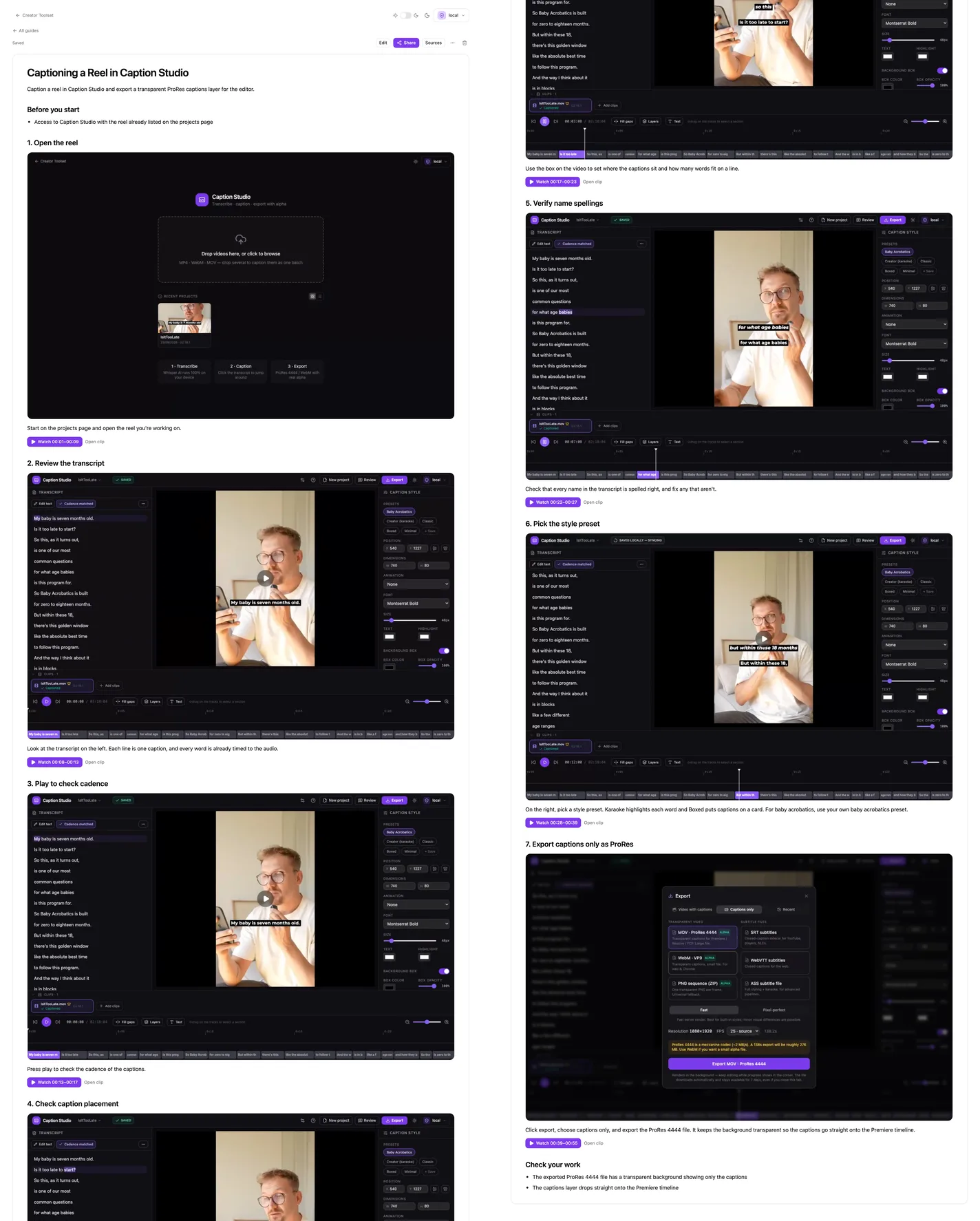 A generated seven-step guide with screenshots taken from the recording and watch links for each step