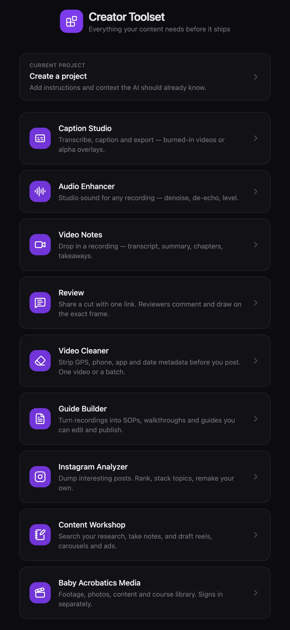 Creator Toolset hub listing Caption Studio, Audio Enhancer, Video Notes, Review, Video Cleaner, Guide Builder, Instagram Analyzer, Content Workshop and Baby Acrobatics Media