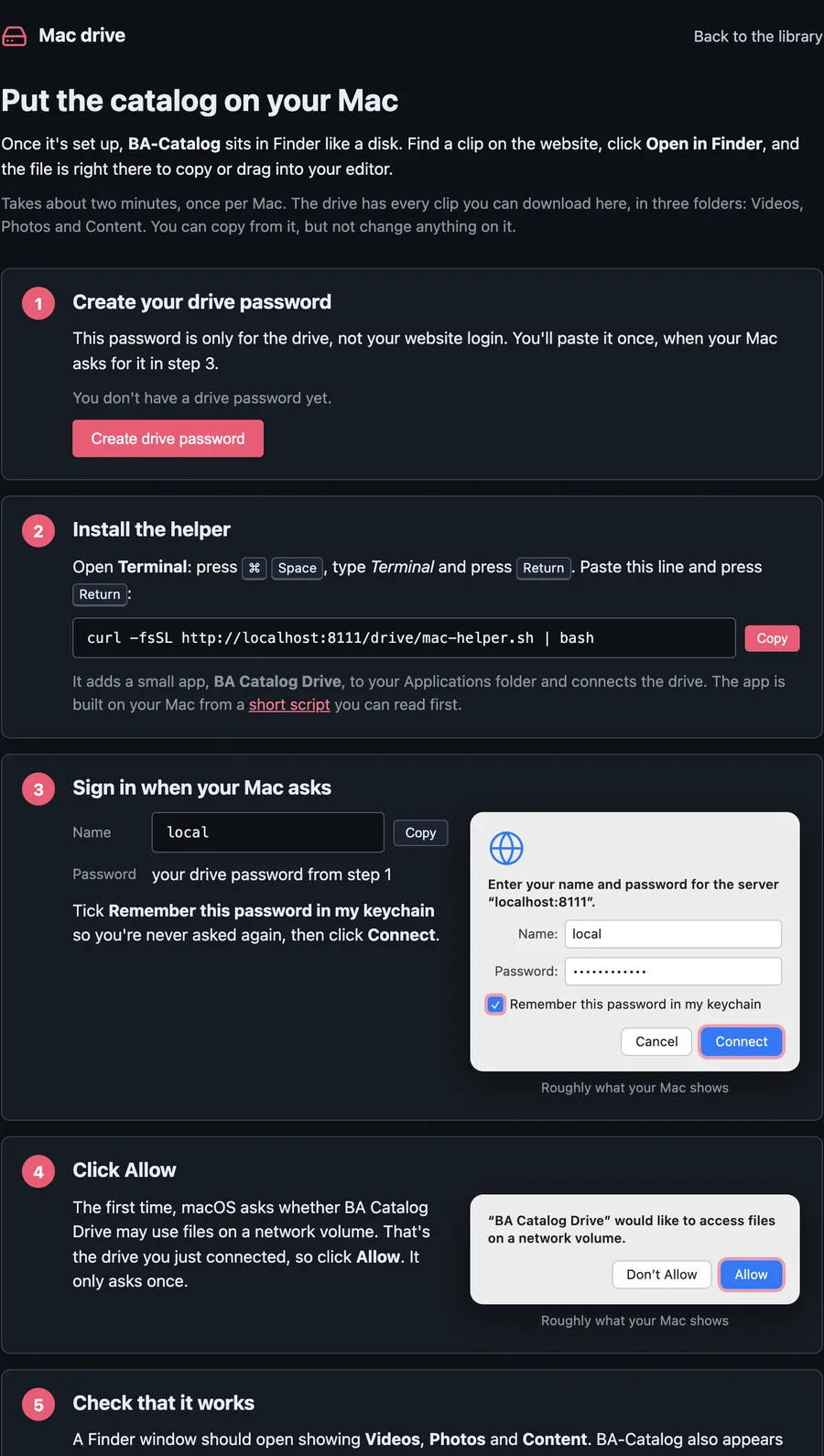 Mac drive setup page: create a drive password, install the helper, sign in, allow, and check that BA-Catalog appears in Finder
