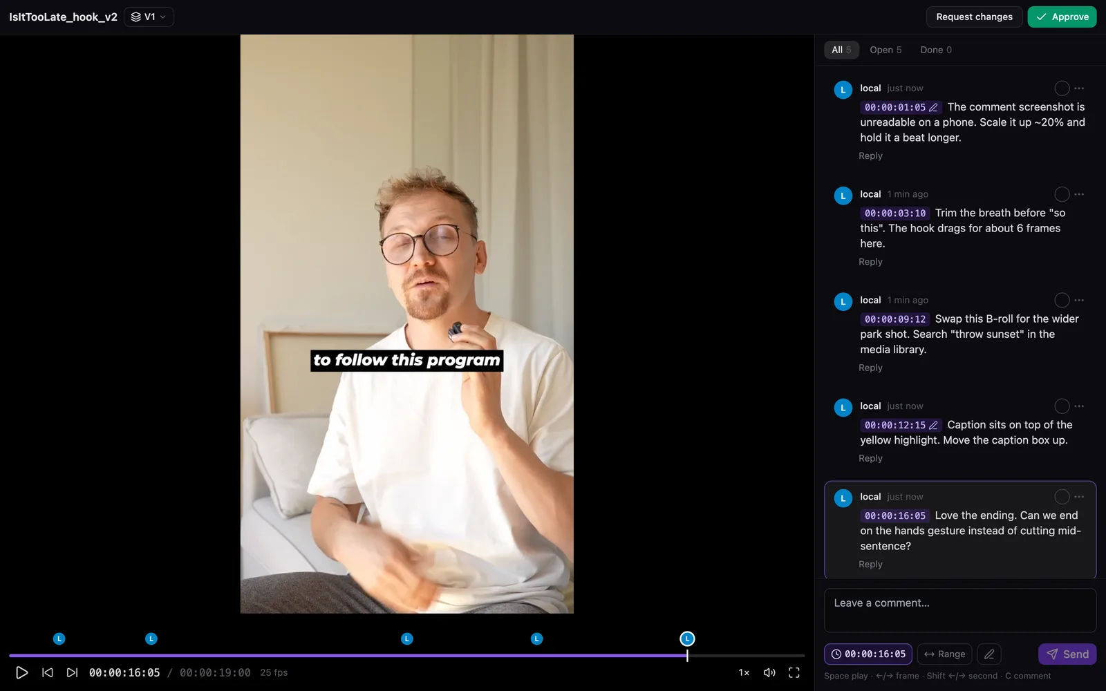The reviewer's view from a share link, with Request changes and Approve buttons