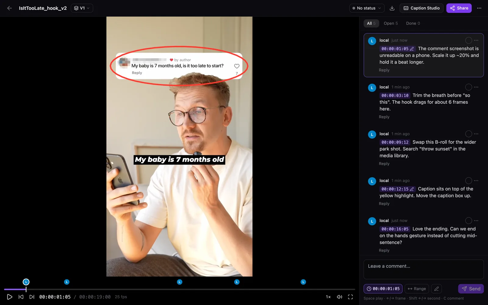 Review page with a vertical reel, a circle drawn on the frame, and timecoded comments in a sidebar