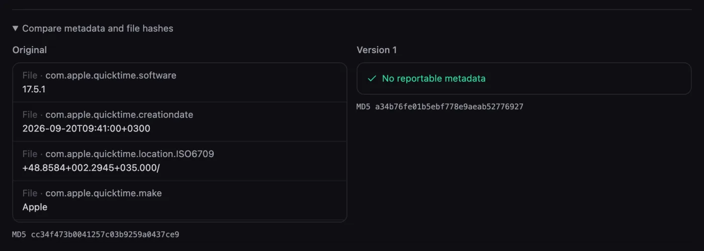 Metadata comparison: the original lists software version, creation date, GPS location and phone make; the cleaned version has no reportable metadata and a different MD5