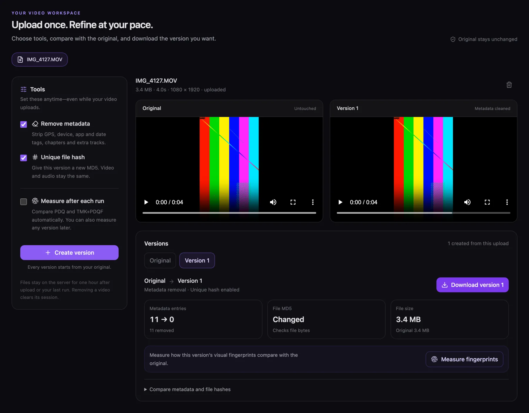 Video Cleaner with the original and cleaned version side by side, showing 11 metadata entries reduced to 0 and a changed MD5