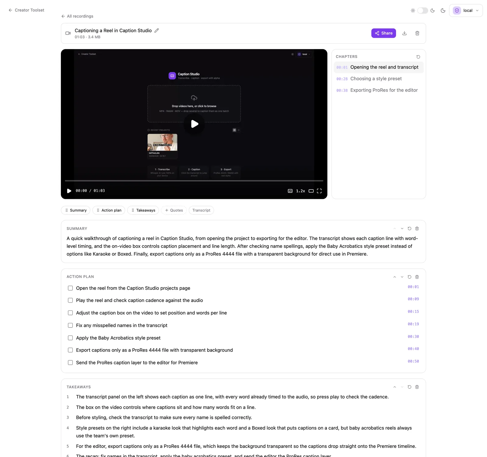 Video Notes page for the walkthrough with chapters, a summary, a timestamped action plan and takeaways