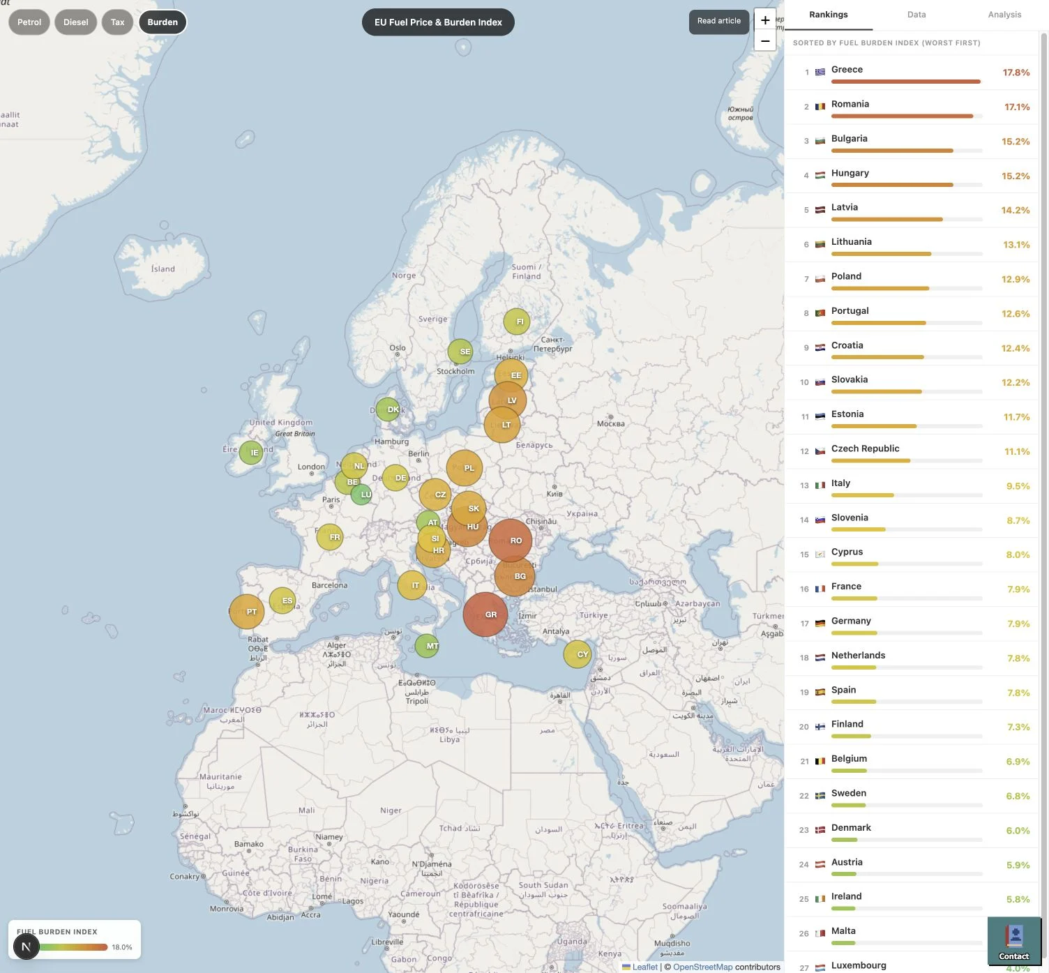 Interactive EU fuel map with countries colored by fuel burden and a ranked comparison panel
