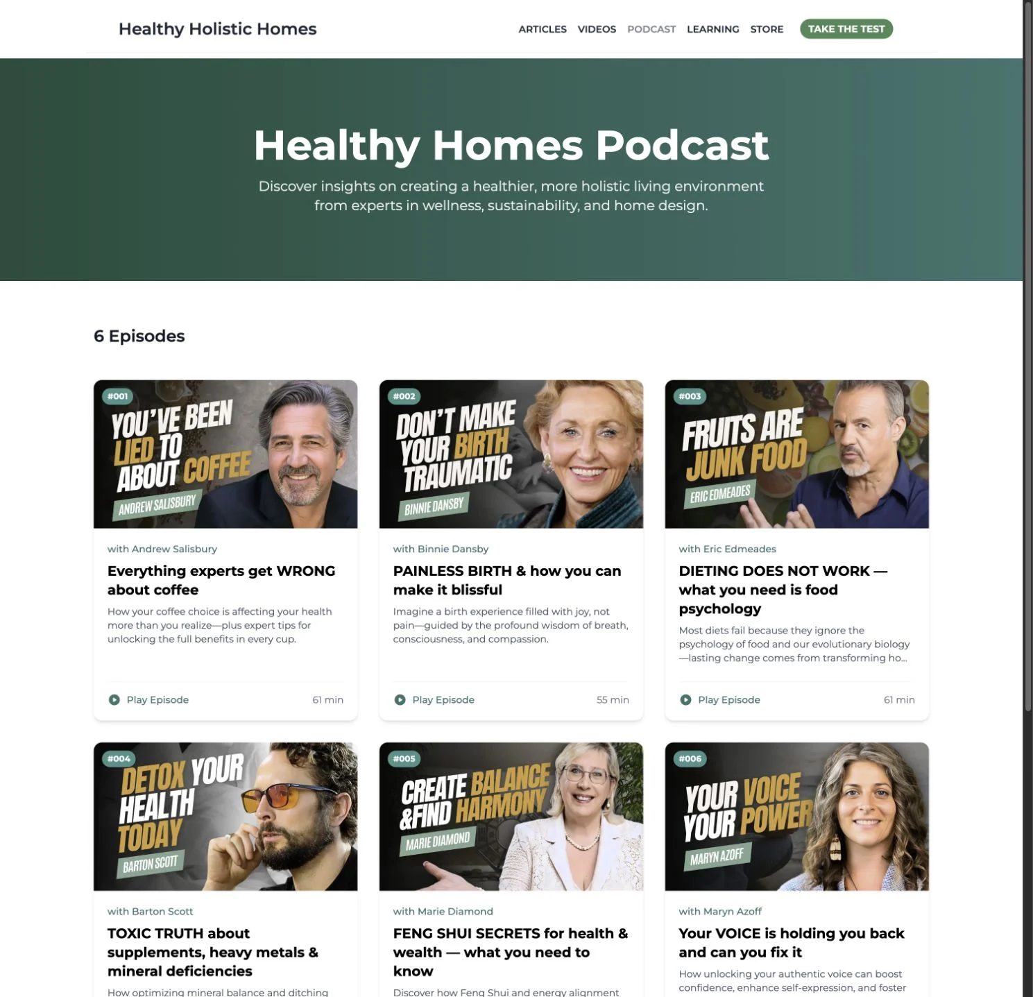 Healthy Homes Podcast episode library with guest portraits and episode artwork