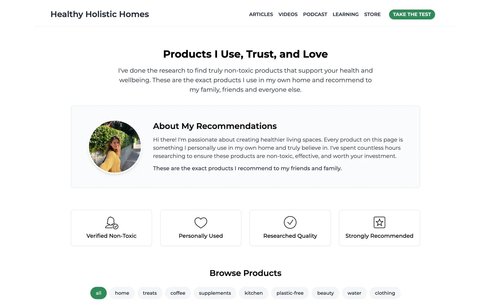 Products I Use, Trust, and Love store page with recommendations filtered by home, coffee, supplements, kitchen, water and clothing
