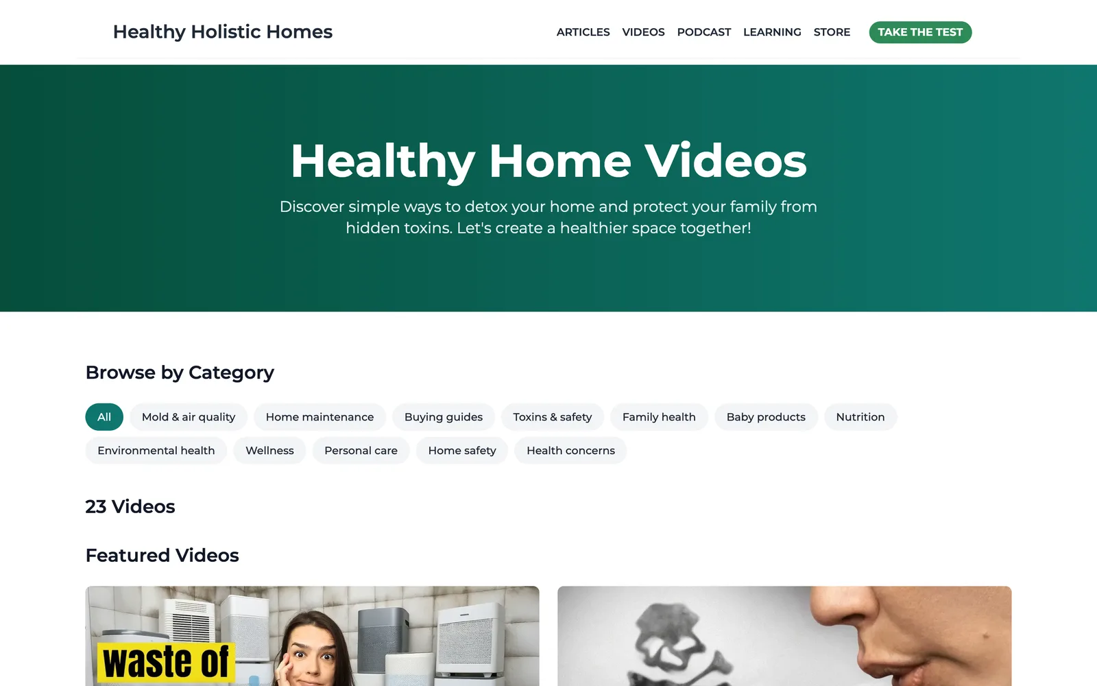 Healthy Home Videos page with category filters such as mold and air quality, toxins and safety, and baby products