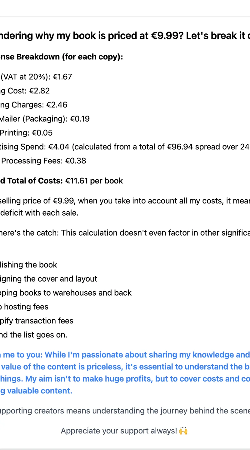 Book site page breaking down the cost of each copy: VAT, printing, shipping, mailer, label, advertising and Stripe fees, totalling €11.61 against a €9.99 price