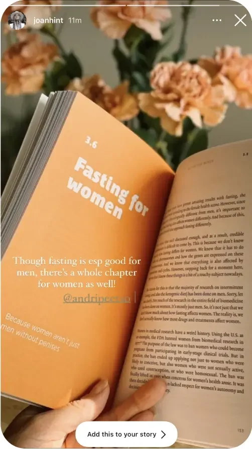 A reader's photograph of the Fasting for Women chapter in Mastering Fasting